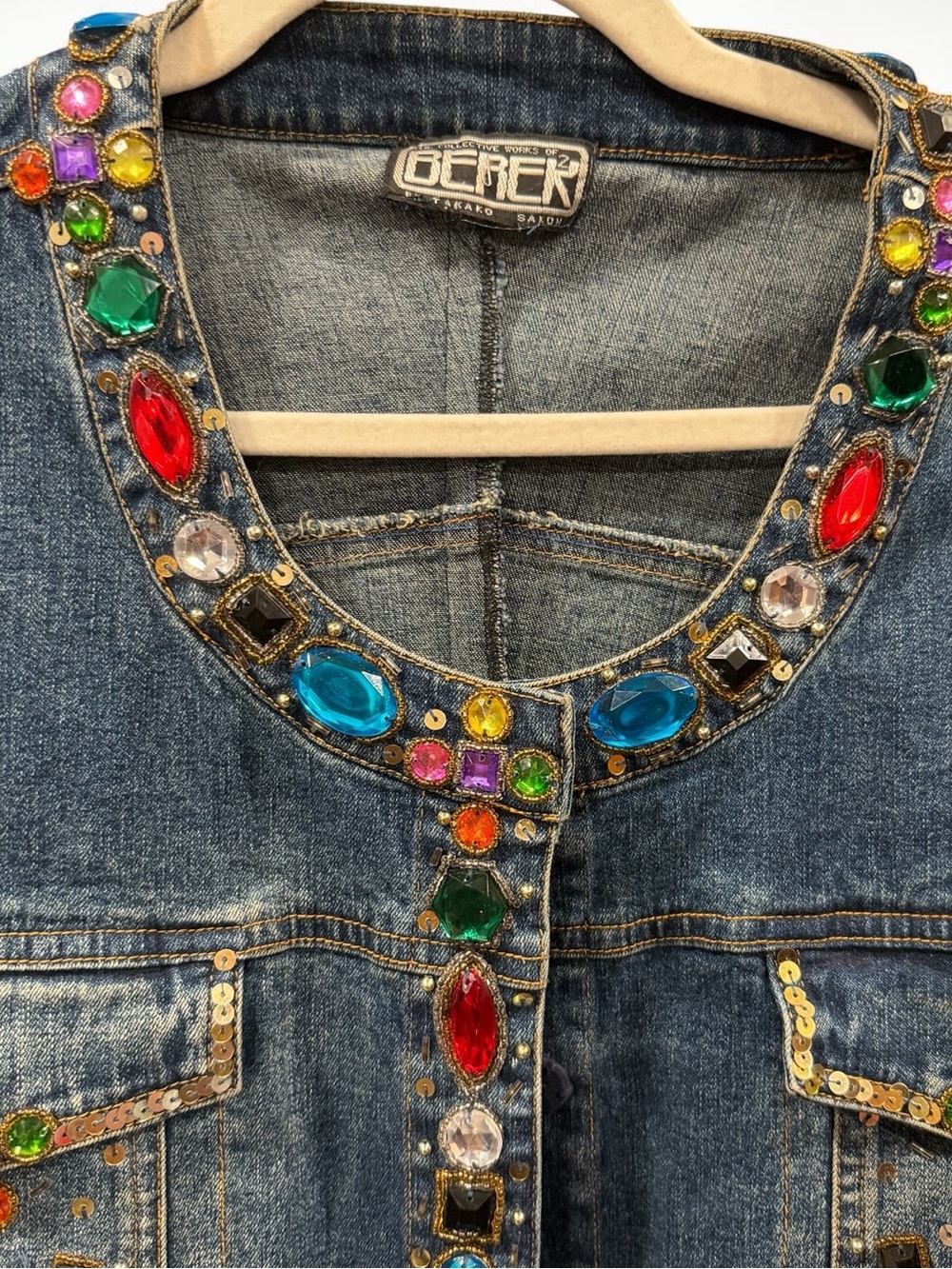 Vintage BEREK Embellished Denim Jacket – Multicolor Gems - Picture 3 of 10